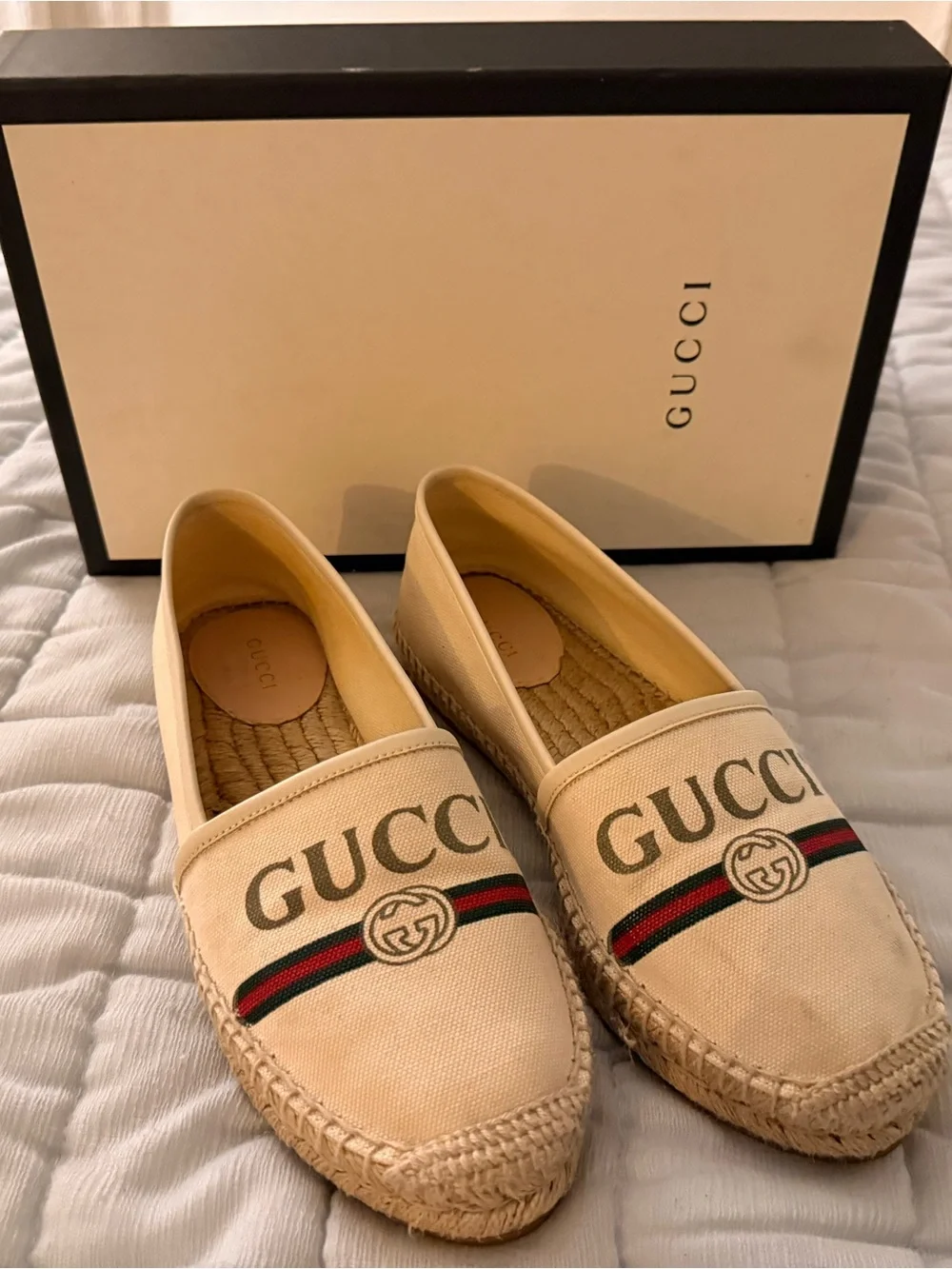 Gucci Beige Canvas Logo Espadrilles with Red-Green Web Stripe